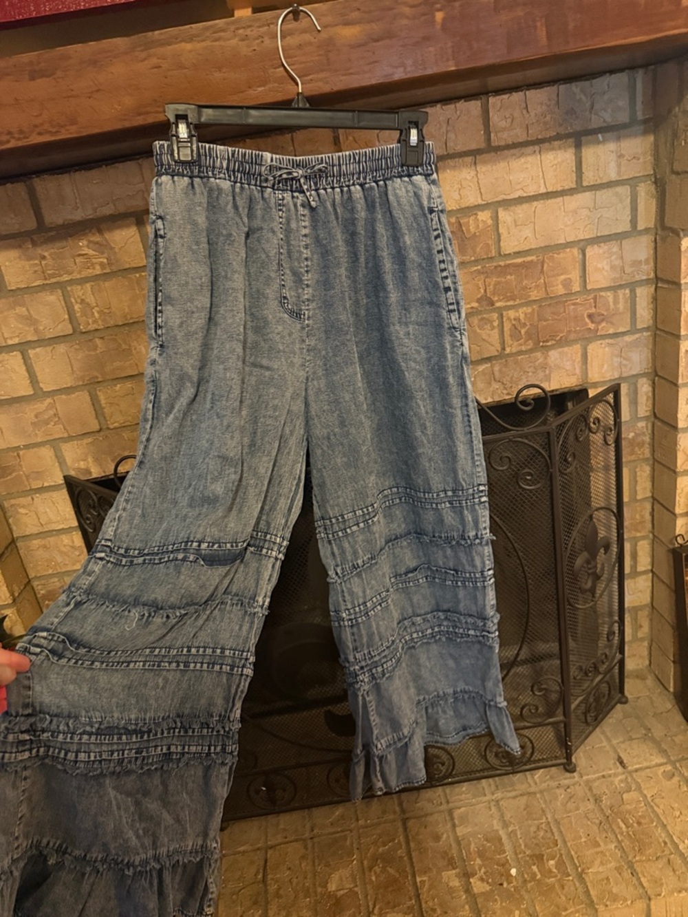 Boho Tiered Wide-Leg Denim Pants - Light Blue